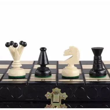 Pièces d'échecs noires et ivoire alignées sur le bord du coffret pliable