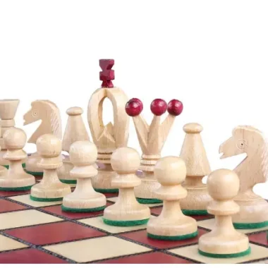 Pièces d'échecs ivoire en gros plan avec roi, cavaliers et pions sur l'échiquier