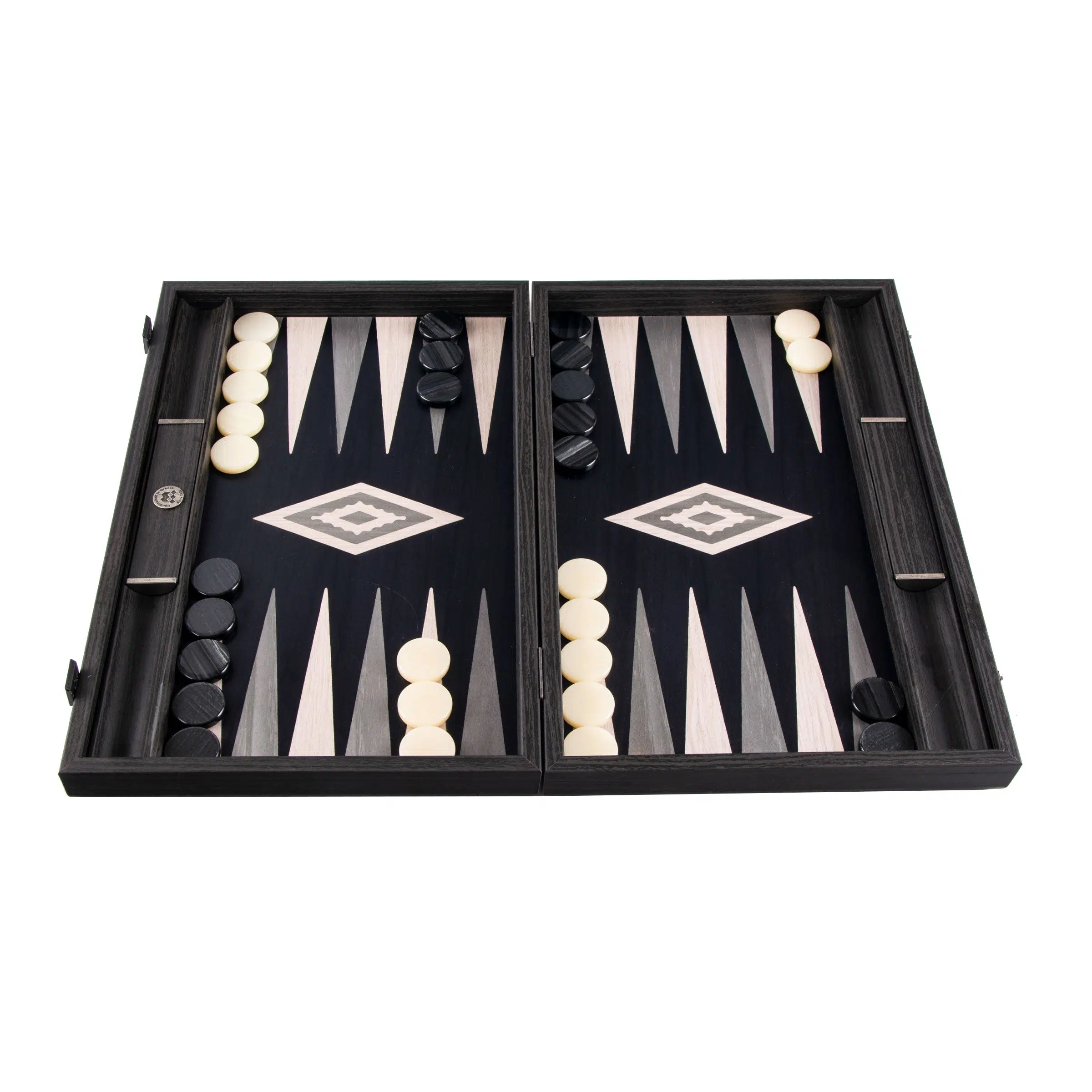 Plateau de backgammon artisanal Vavona gris nacré ouvert, prêt à jouer - Le Palais Des Echecs