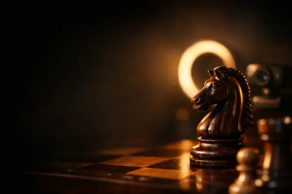 Pièce d'échecs en bois sombre éclairée d'une lumière dorée, évoquant l'univers du streaming d'échecs