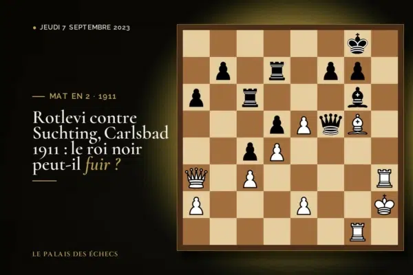 Position du défi d’échecs : Les Blancs jouent et matent en 2 (George Rotlevi – Hugo Suchting, Carlsbad, 1911)