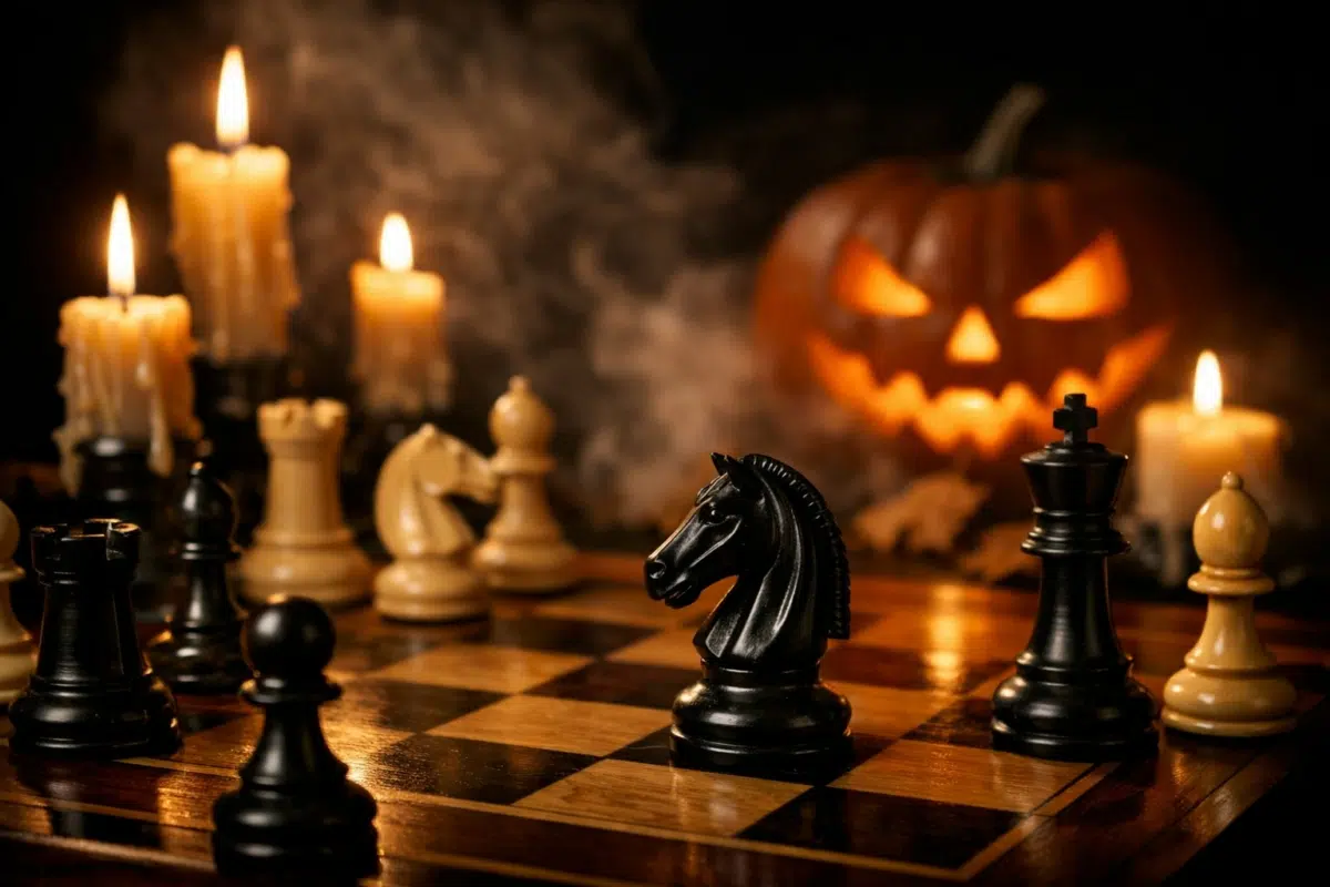 Partie d'échecs aux chandelles avec une citrouille d'Halloween en arrière-plan